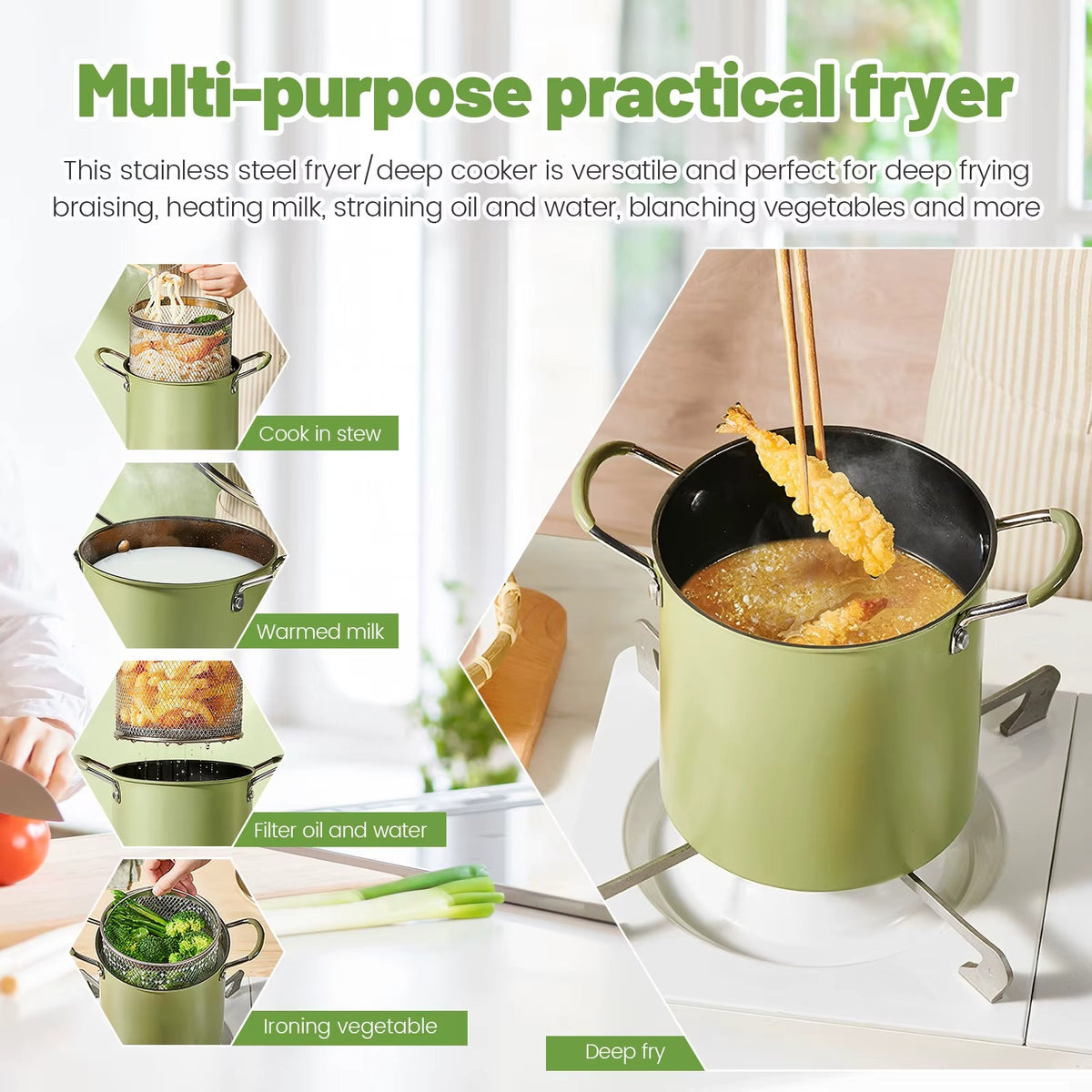 3L Stainless Steel Stock Pot Deep Fryer Pot, Small Stainless Steel Deep Frying Pot, with Oil Drip Drainer Rack