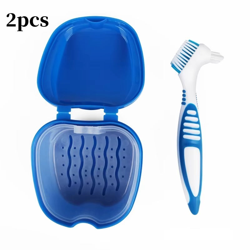 Clean Denture Bath Case Dental False Teeth Storage Box w/Hanging Net Container