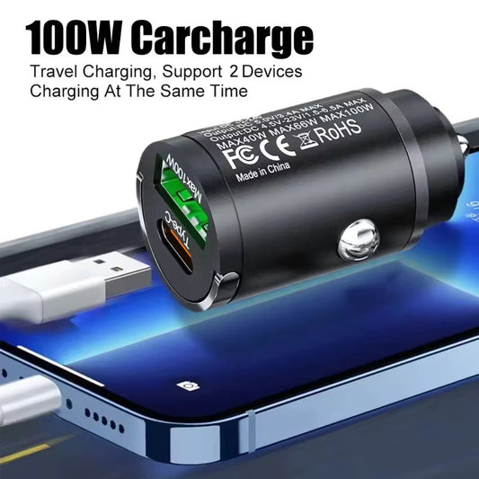 100W Fast Car Charger Mini Dual USB Type-C PD Phone Socket Adapter For Iphone Samsung