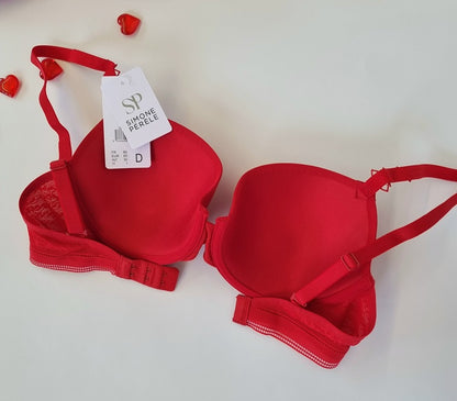 Simon Perele Red / Rose Colour Bra D-32 Underwired Adjustable straps Full Spacer cups