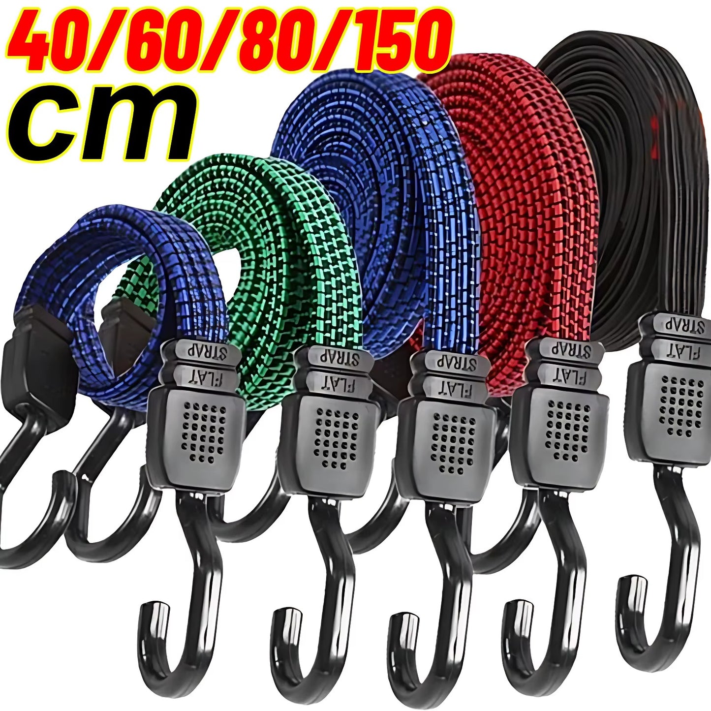Flat Bungee Cords Elastic Luggage Strap Rope with Hooks Car Bike Various length