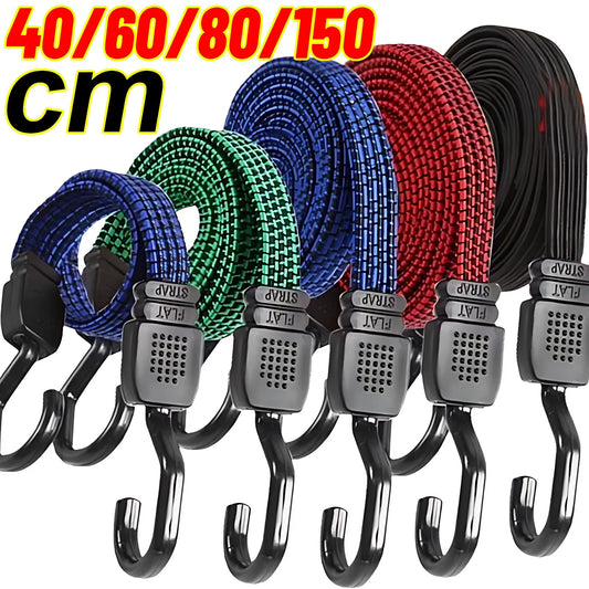 Flat Bungee Cords Elastic Luggage Strap Rope with Hooks Car Bike Various length