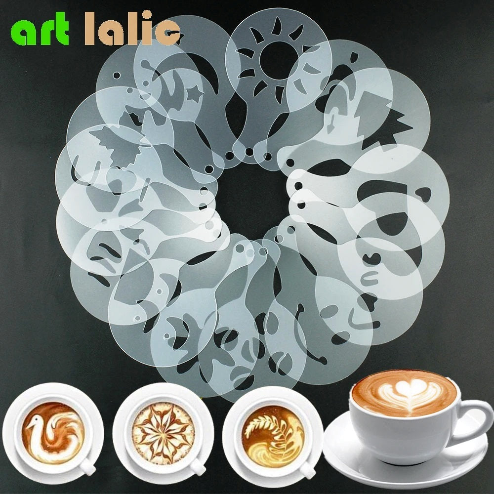 Coffee Stencils Cappuccino Cake Template Strew Pad Duster Spray Art Gift 16pcs
