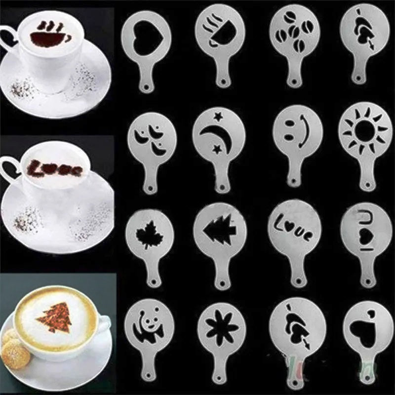 Coffee Stencils Cappuccino Cake Template Strew Pad Duster Spray Art Gift 16pcs