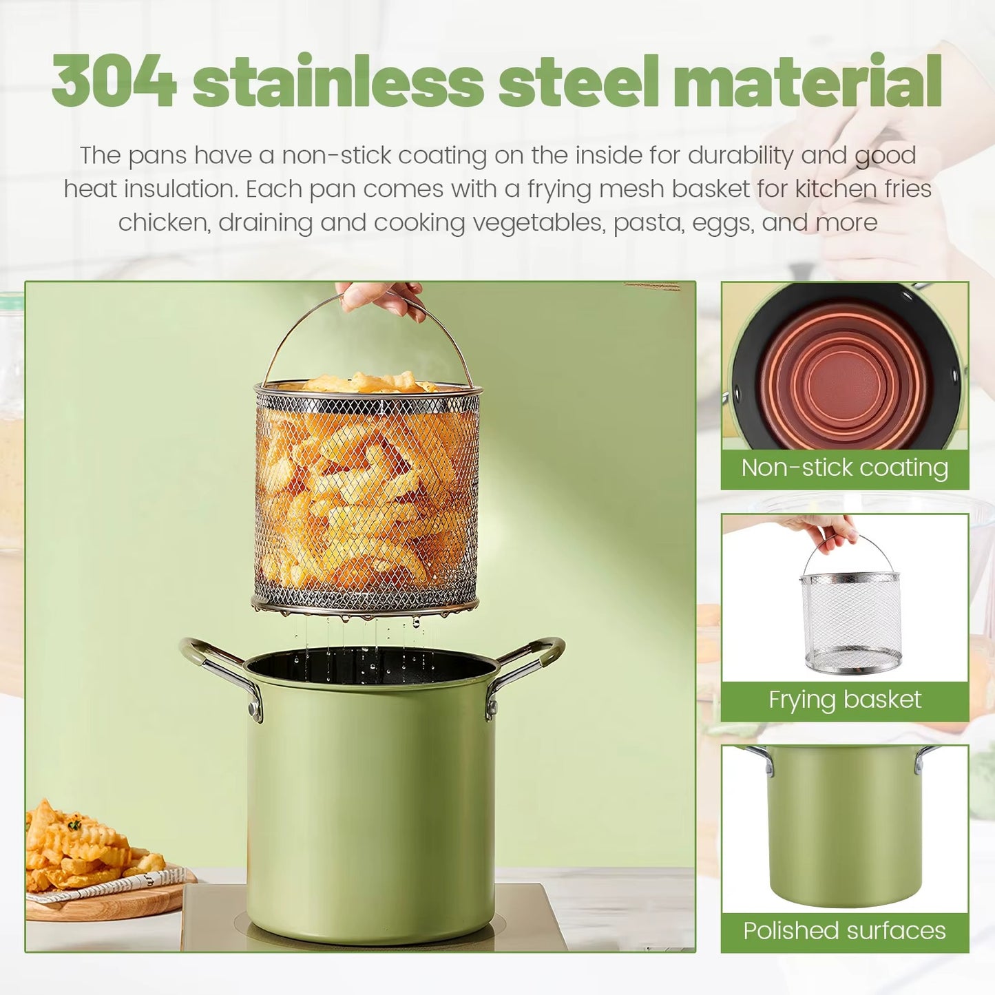 3L Stainless Steel Stock Pot Deep Fryer Pot, Small Stainless Steel Deep Frying Pot, with Oil Drip Drainer Rack