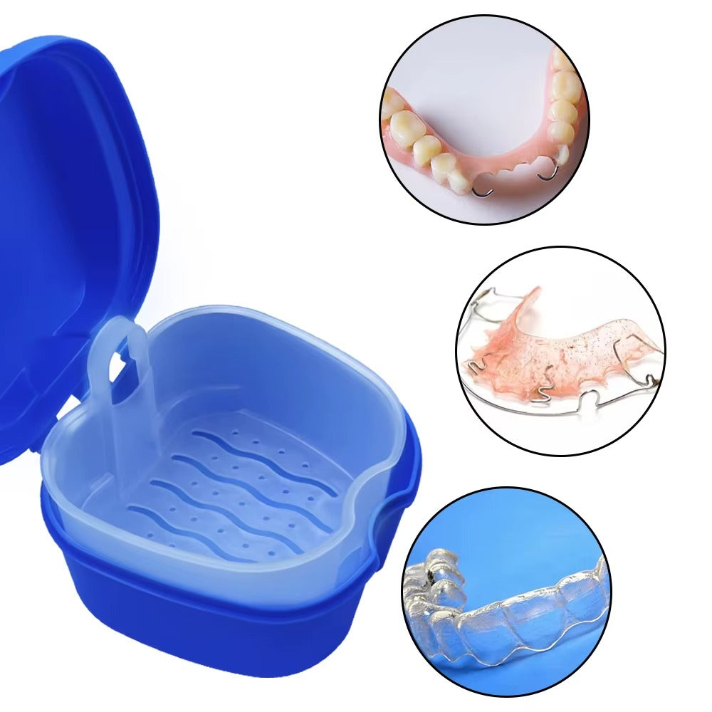 Clean Denture Bath Case Dental False Teeth Storage Box w/Hanging Net Container