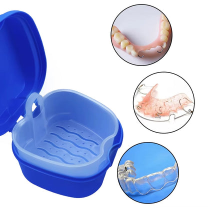 Clean Denture Bath Case Dental False Teeth Storage Box w/Hanging Net Container