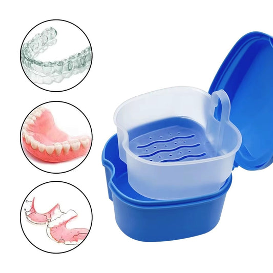 Clean Denture Bath Case Dental False Teeth Storage Box w/Hanging Net Container