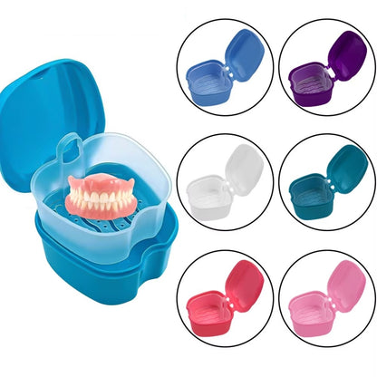 Clean Denture Bath Case Dental False Teeth Storage Box w/Hanging Net Container