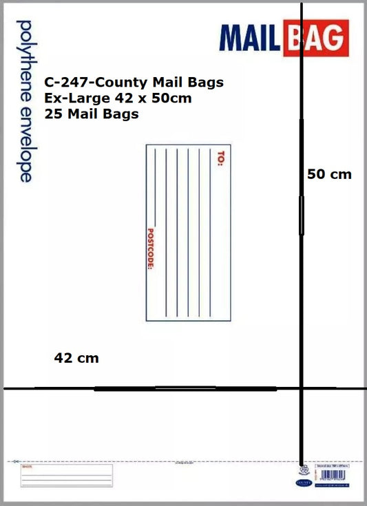 Mail Bags Ex Large Polythene Pack of 25 C247-County Mail Bags Ex-Large 42x50cm