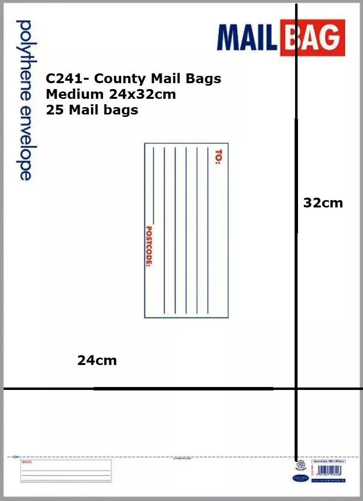 Mail Bags Medium Polythene Pack of 25 C241- County Mail Bags Medium 24x32cm