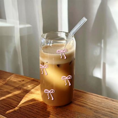 Cute Glass Cups 500ml Pink Bow Tumbler Glass Cup with Lids and Straw