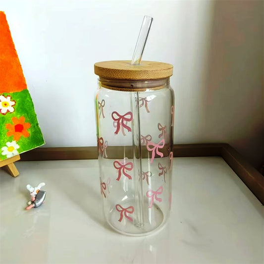 Cute Glass Cups 500ml Pink Bow Tumbler Glass Cup with Lids and Straw