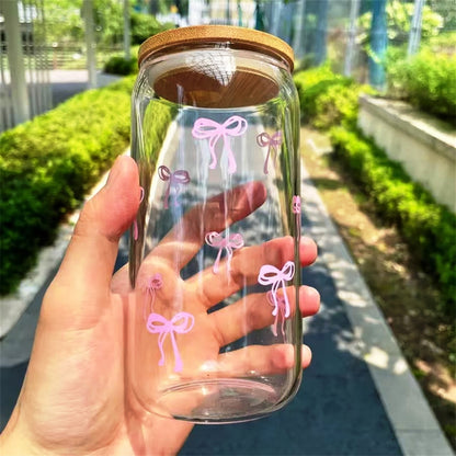 Cute Glass Cups 500ml Pink Bow Tumbler Glass Cup with Lids and Straw