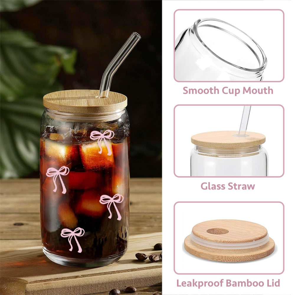 Cute Glass Cups 500ml Pink Bow Tumbler Glass Cup with Lids and Straw
