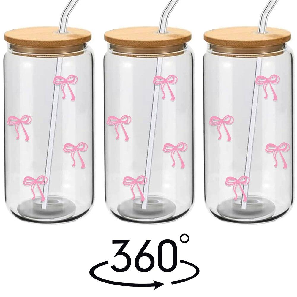 Cute Glass Cups 500ml Pink Bow Tumbler Glass Cup with Lids and Straw