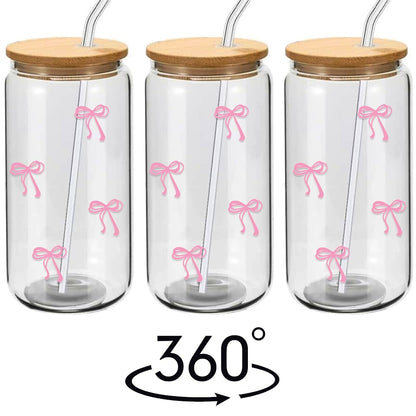 Cute Glass Cups 500ml Pink Bow Tumbler Glass Cup with Lids and Straw