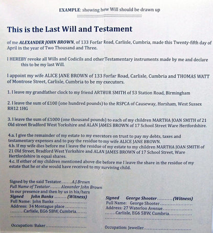 Will Form The Last Will and Testament form English Printed 1 x will form Envelope