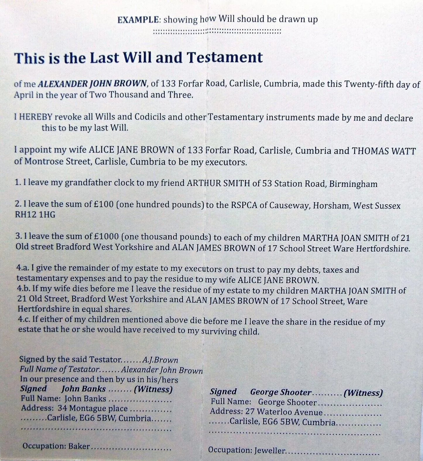 Testament Will Form The Last Will and Testament English Printed 1 x will form