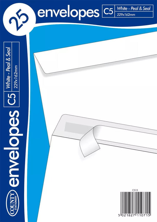 C5 White Envelopes peel & seal 229 x 162mm 25 x C5 white peal & seal envelopes