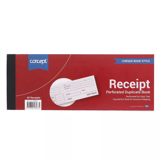 Receipt Book Cheque book style Concept 3"X8" 1 x Cash Receipt Book